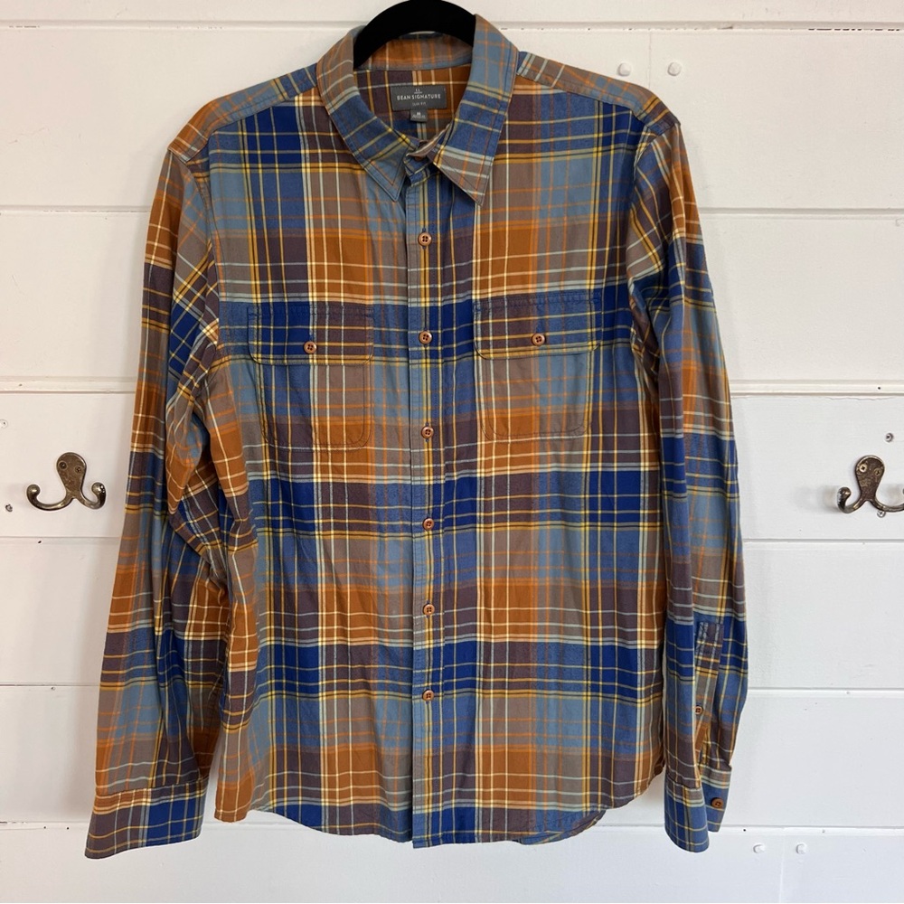 L.L. Bean Signature Men's Blue/ Brown Plaid 100% Cotton Slim Fit Shirt. Sz M.